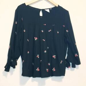 Lauren Conrad Black‎ Floral Embroidery Top Blouse Women's Medium Boho Chic